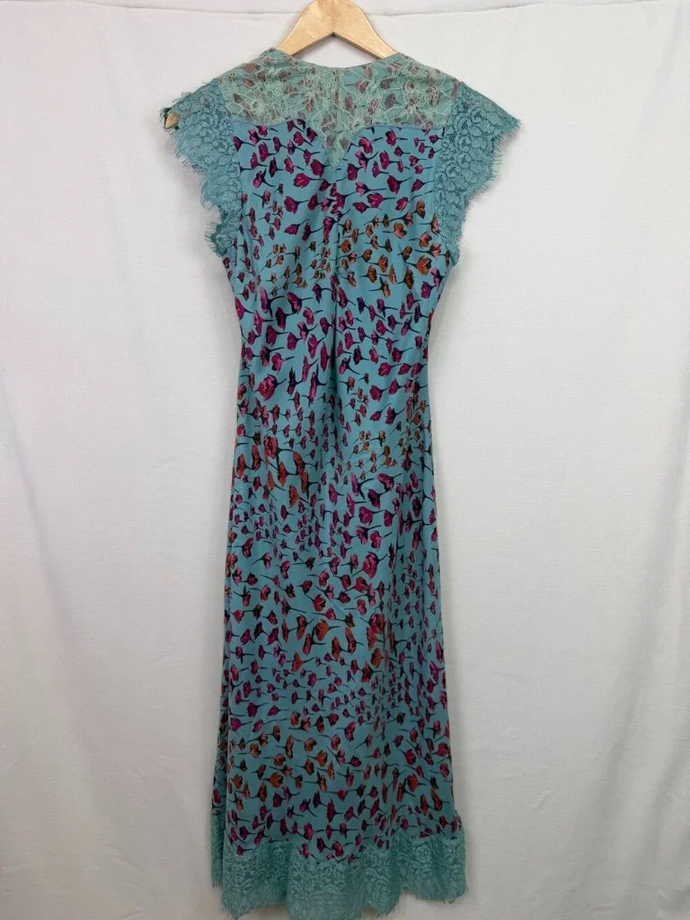 Sundance 100% Silk Lace Cap Sleeve Floral Slip Dress Teal Pink Size 10